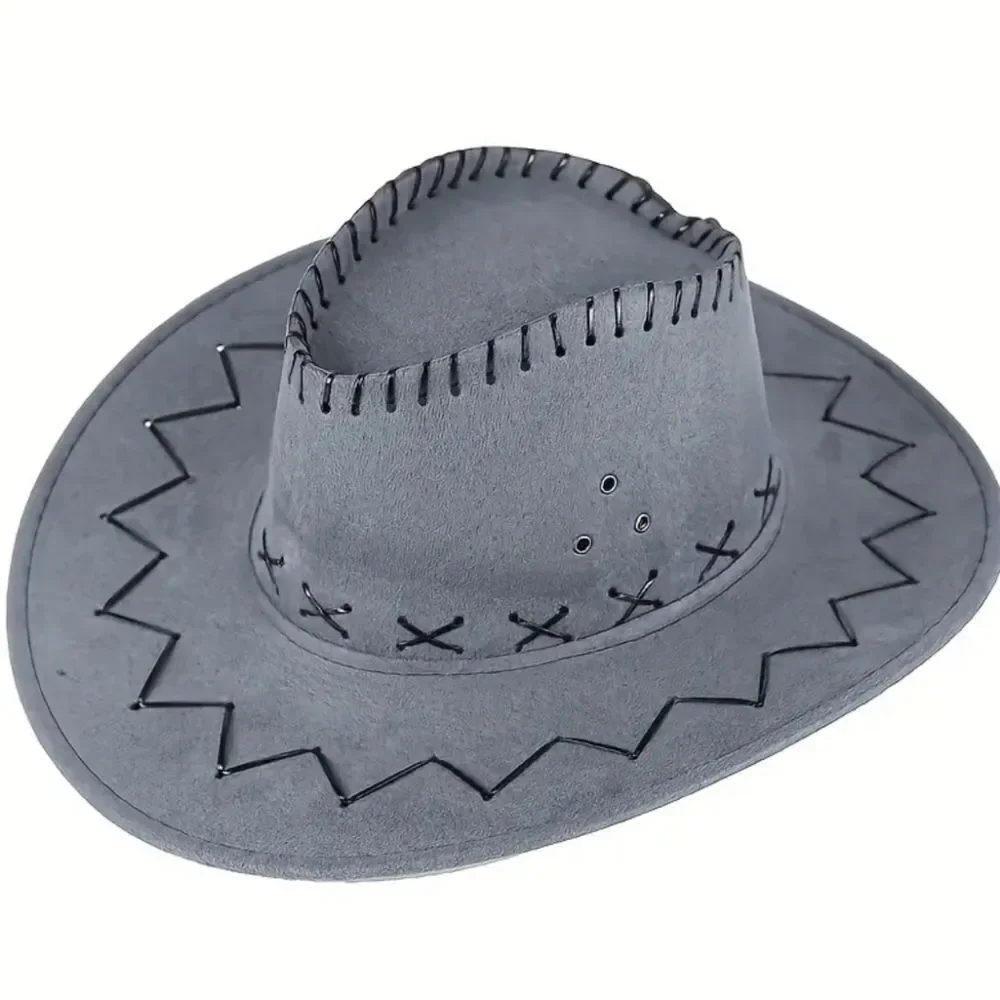 Western Style Faux Suede Cowboy Hat with Stitched Detail - Gray